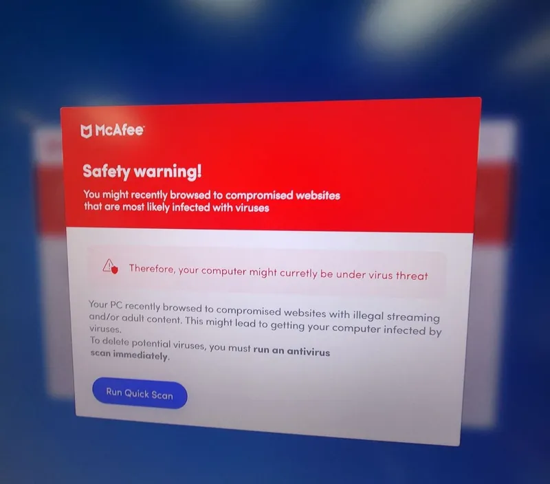 Fake virus warning popup on a desktop computer, removed during a cleanup visit