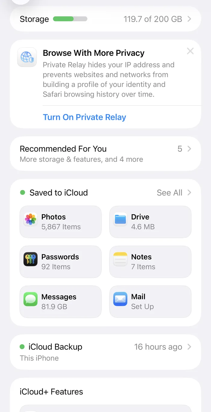 iPhone iCloud settings confirming a recent backup with photos and messages protected