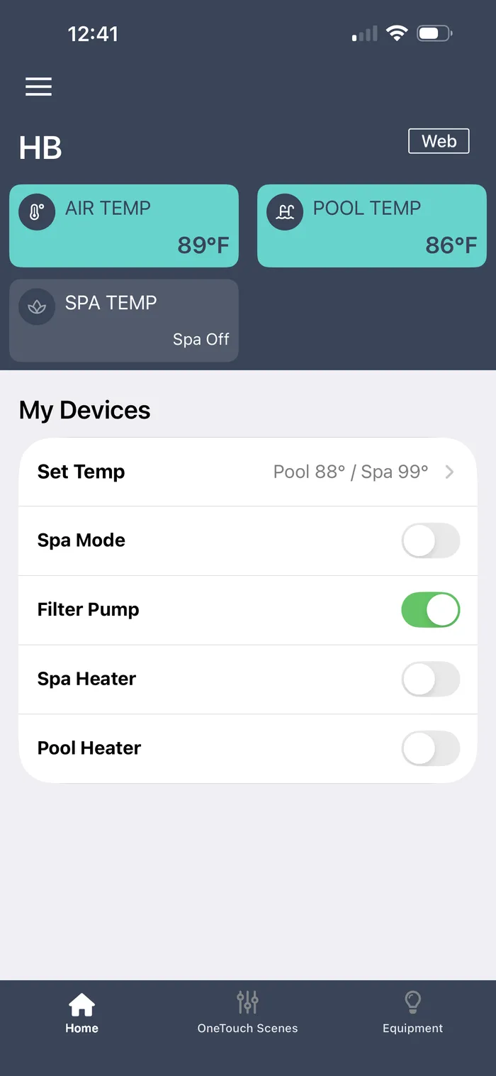 Pool automation app showing pool and spa temperatures with simple on and off controls