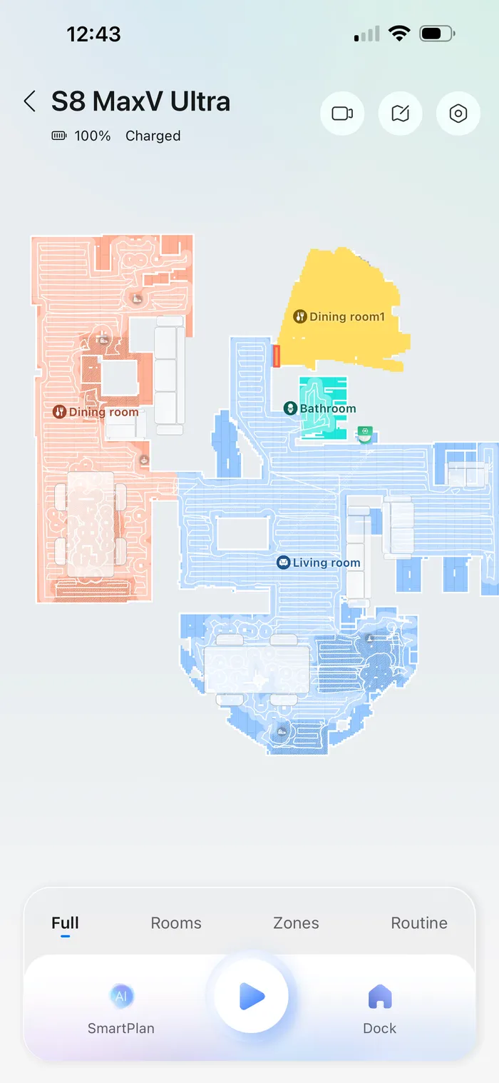Robot vacuum app showing a mapped home floor plan with room-by-room cleaning zones
