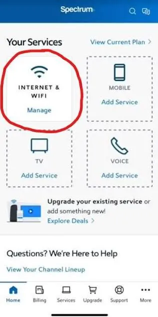 Internet provider app showing where home wifi settings are managed
